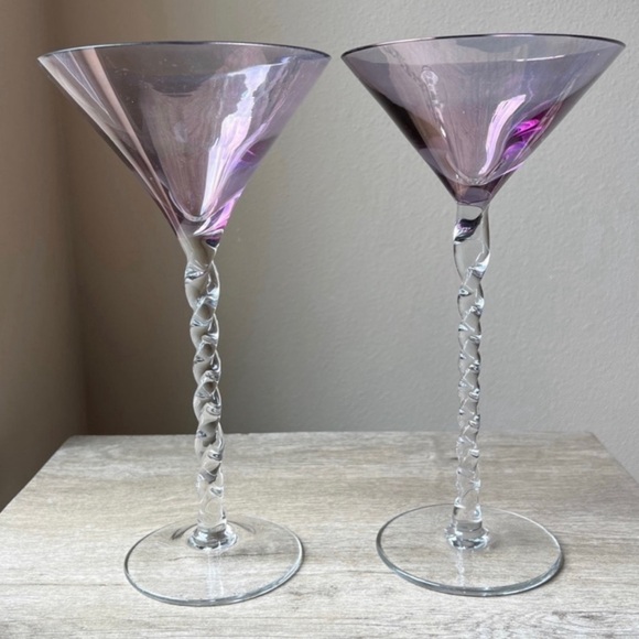 Pair/2 Romanian Blown Glass Amethyst Bowl Barley Twist Stem Tall Martini Glasses - Picture 4 of 12
